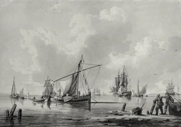 Flod med skibsfart, 1700-tallet (tegning)